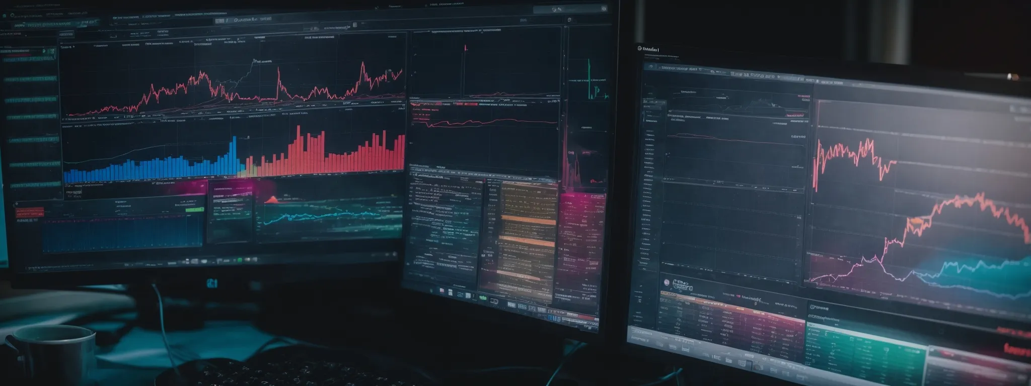 a close-up of a computer screen displaying colorful graphs and charts analyzing website traffic trends.