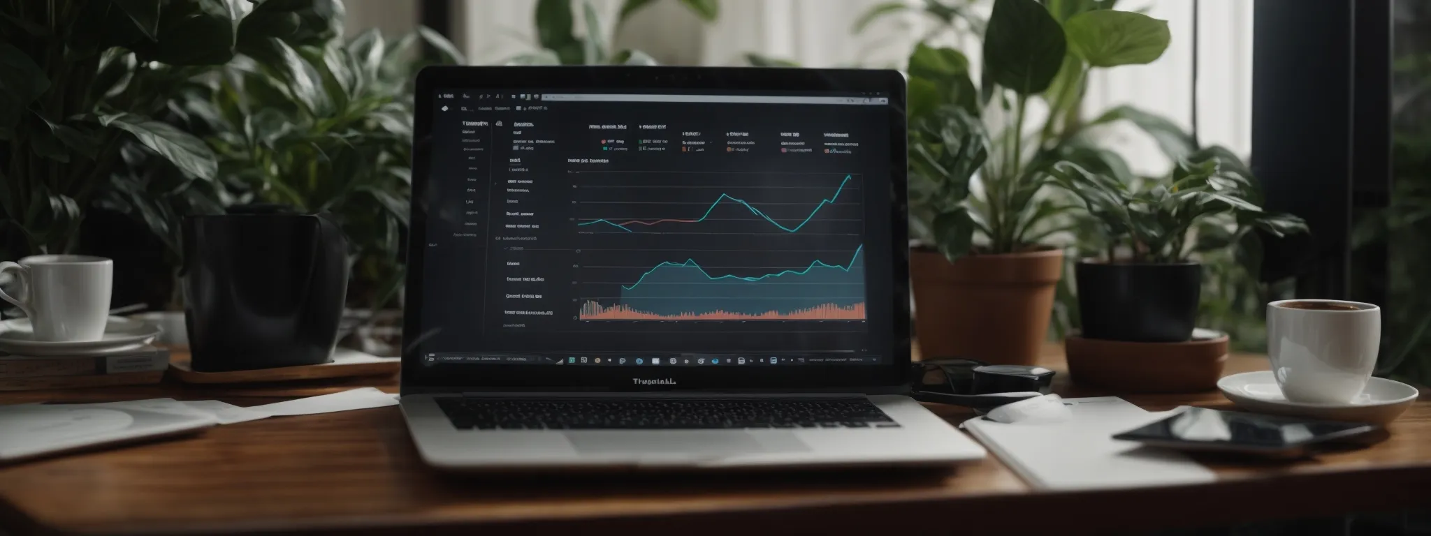 a laptop with graphs and analytics on the screen beside a potted plant and a coffee cup on a desk.