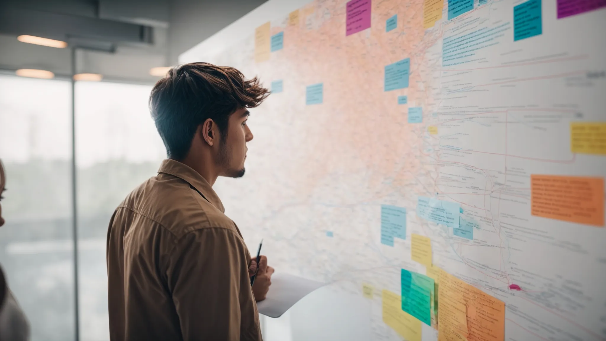 a focused individual intently studies a colorful, sprawling mind map on a whiteboard, illustrating connections between various search terms.