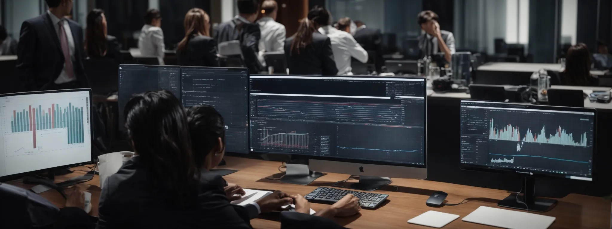 a laptop on a desk displaying graphs and analytics, with business professionals in the background engaging in a discussion.