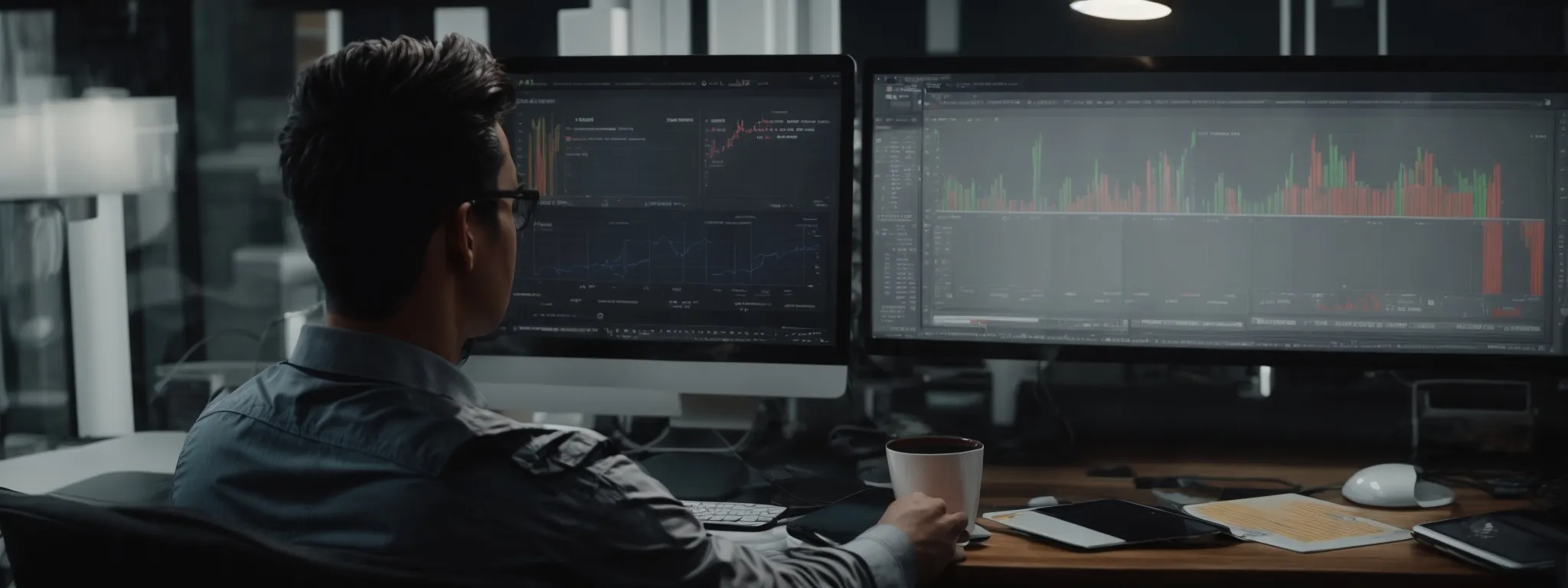 a marketer analyzes graphs on a computer screen, revealing search trend data and emerging keywords.