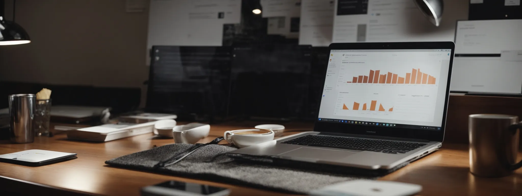 a laptop displaying graphs and analytics on a desk with a notepad and coffee cup beside it.