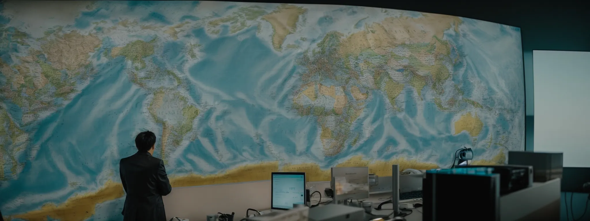a marketer examines a dynamic world map displaying varying keyword trends on a large monitor.