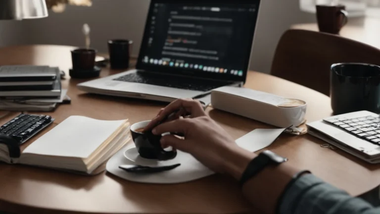 a person typing on a laptop with a notepad and a cup of coffee on the desk.