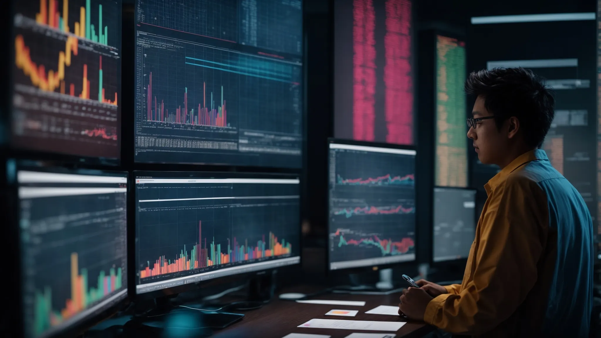 a person examining a large screen displaying colorful graphs and charts related to keyword performance.