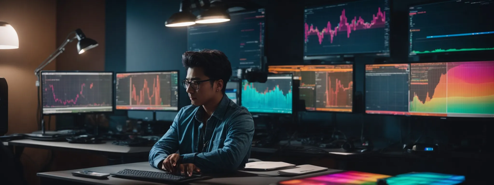 a person sits before dual monitors displaying colorful data analytics, immersed in strategizing their seo campaign.