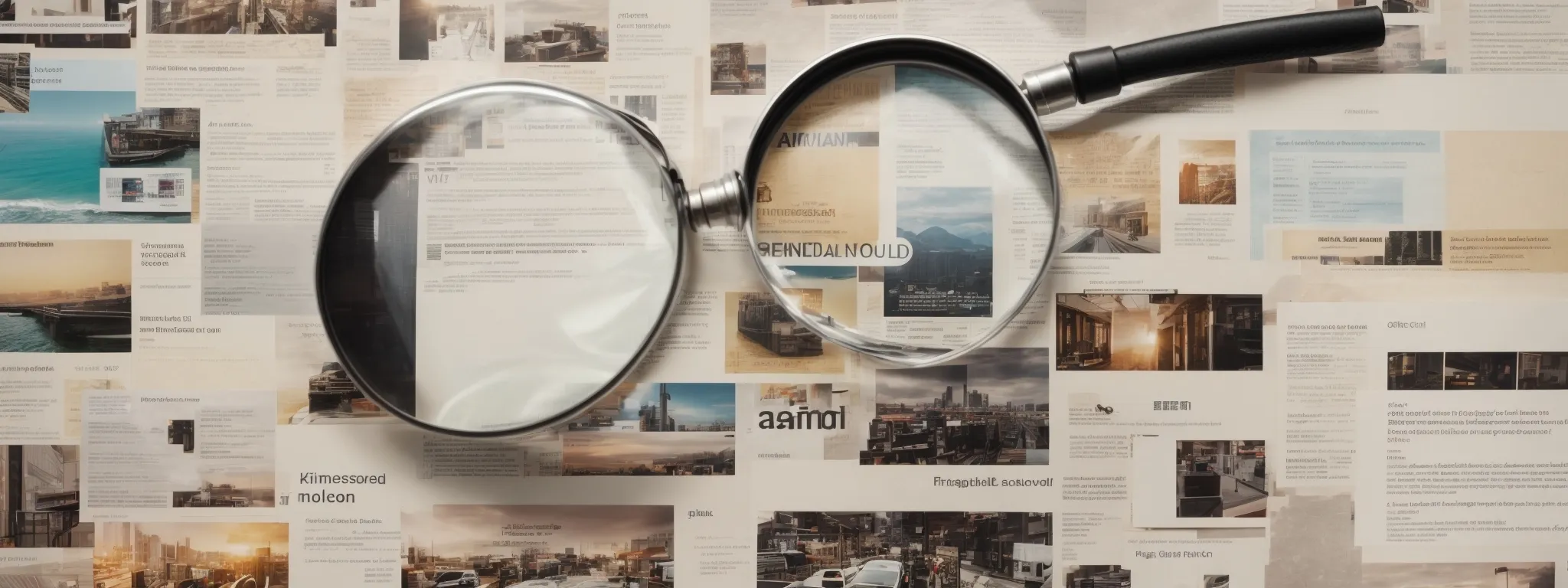 a collage of amazon product search results highlighted with a magnifying glass focusing on specific keywords.