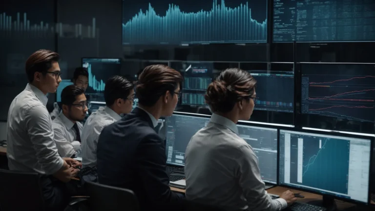 a group of focused professionals analyzing data and graphs on multiple computer screens in a modern office setting.