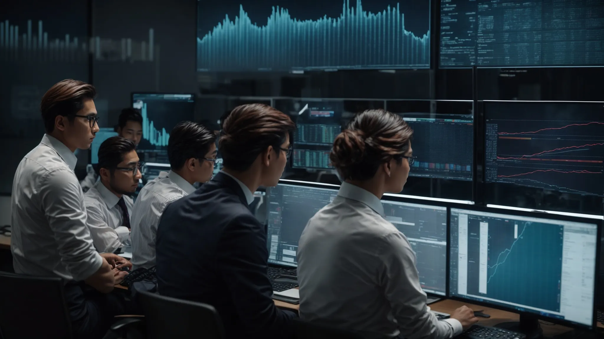 a group of focused professionals analyzing data and graphs on multiple computer screens in a modern office setting.