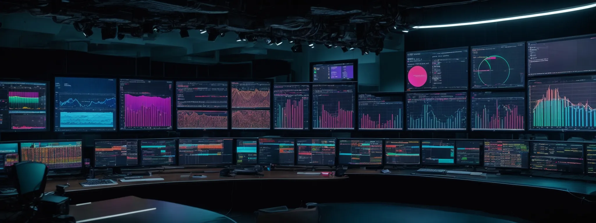 a high-tech control room with large screens displaying colorful analytics and graphs related to search engine performance.