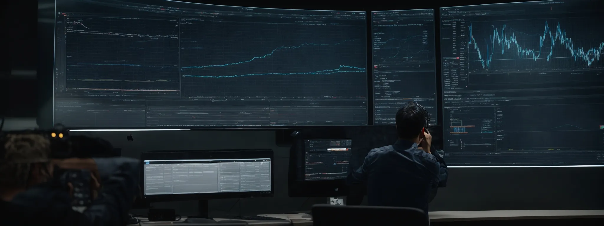 a dedicated individual interacts with an array of advanced digital analytics interfaces on a large monitor, symbolizing the integration of sophisticated keyword research tools.