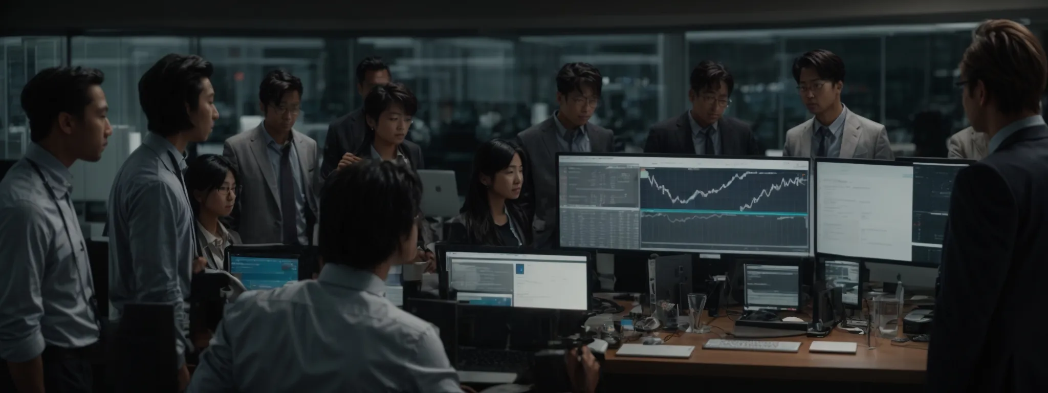 a diverse group of professionals gathers around a large, modern computer monitor, intently focused on analyzing a dynamic keyword research platform.