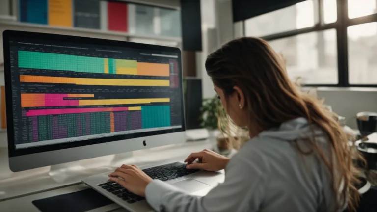 a person analyzing a colorful spreadsheet full of keywords on a laptop screen in a bright office.