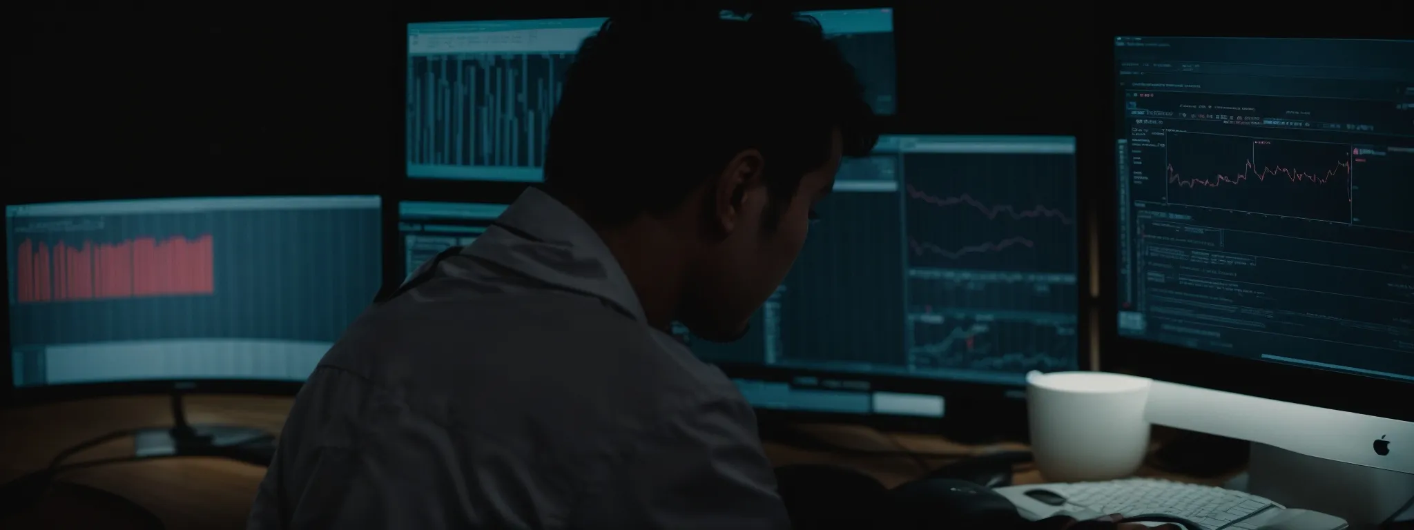 a person sitting at a computer with an open dashboard of keyword research analytics on the screen.