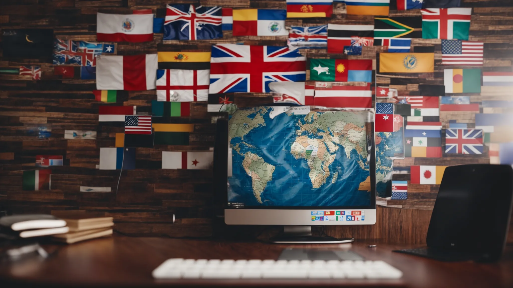 a globe flanked by multiple flags while a computer screen displays a world map, symbolizing global online content strategy.