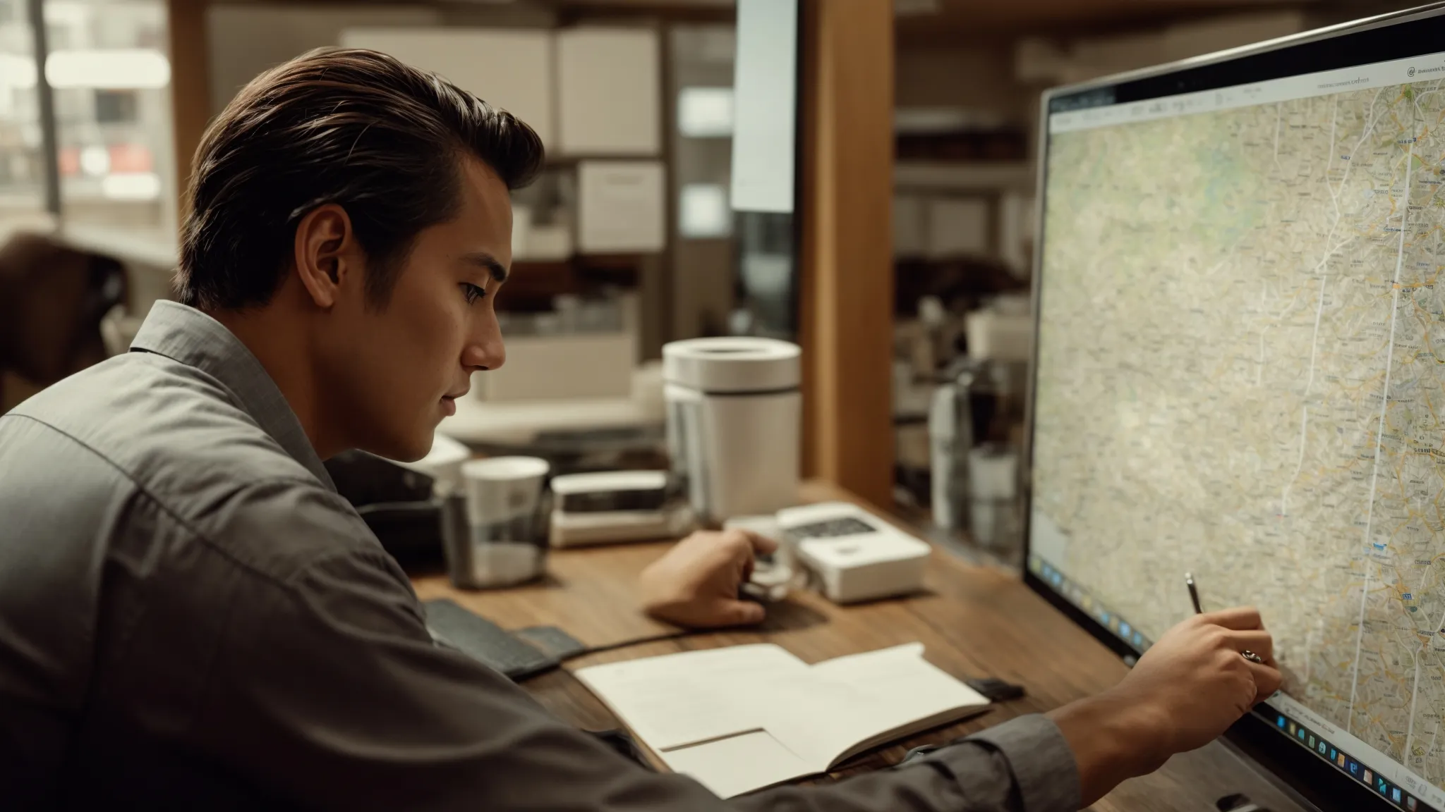 a small business owner reviews a map and a list of popular local search terms on a computer screen.