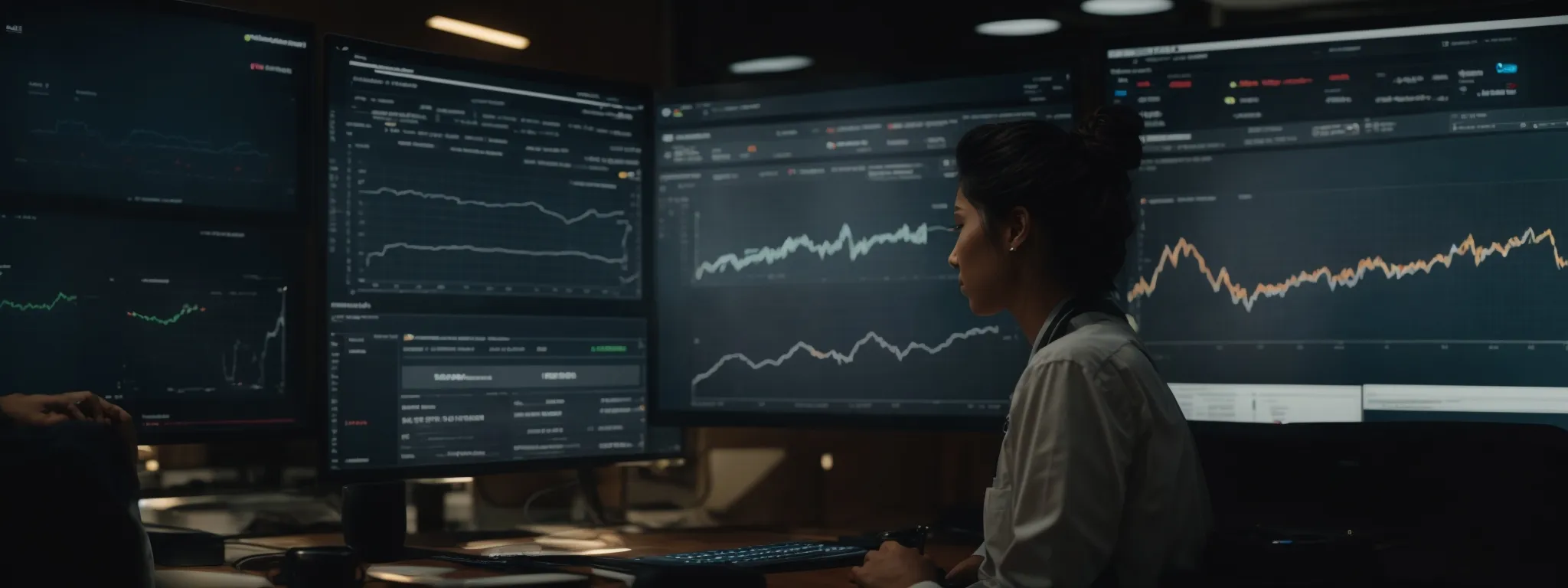 a person engaging with an intuitive dashboard on a computer screen, showcasing graphs and data analytics highlighting keyword trends.