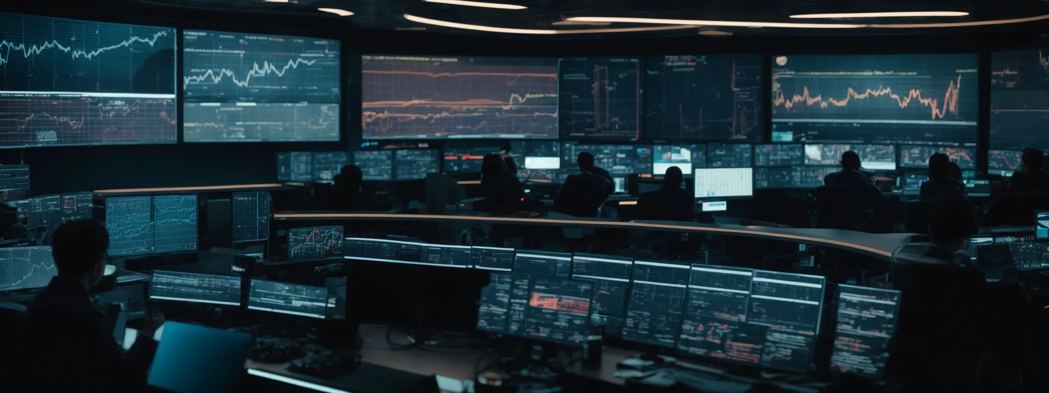 a futuristic control room with screens displaying graphs and data analytics.