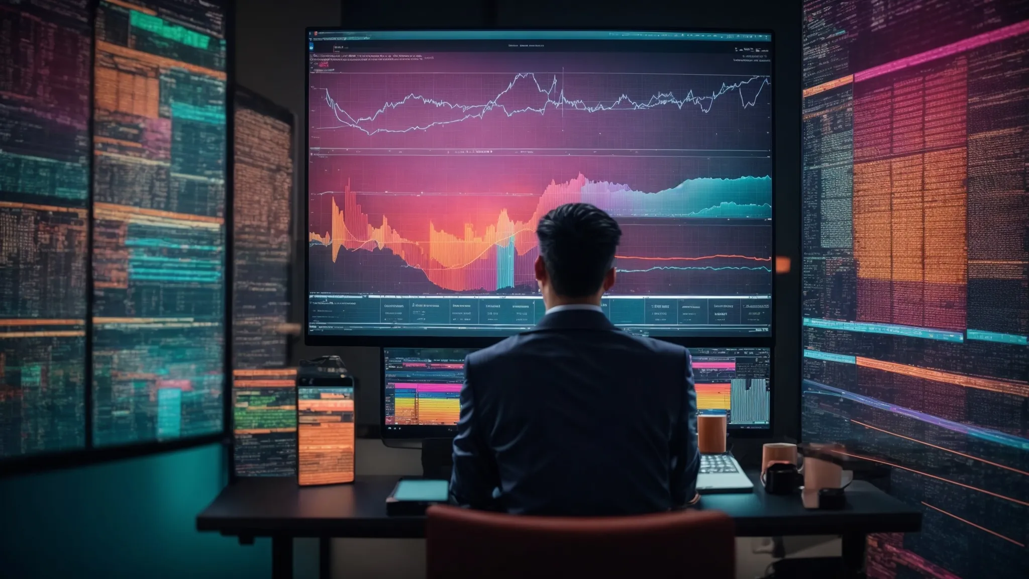 a marketer scrutinizing colorful analytics graphs on a computer screen while adjusting a digital marketing campaign strategy.