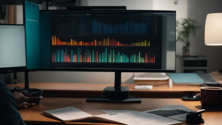 a person sits in front of a computer, analyzing colorful keyword data on the screen.