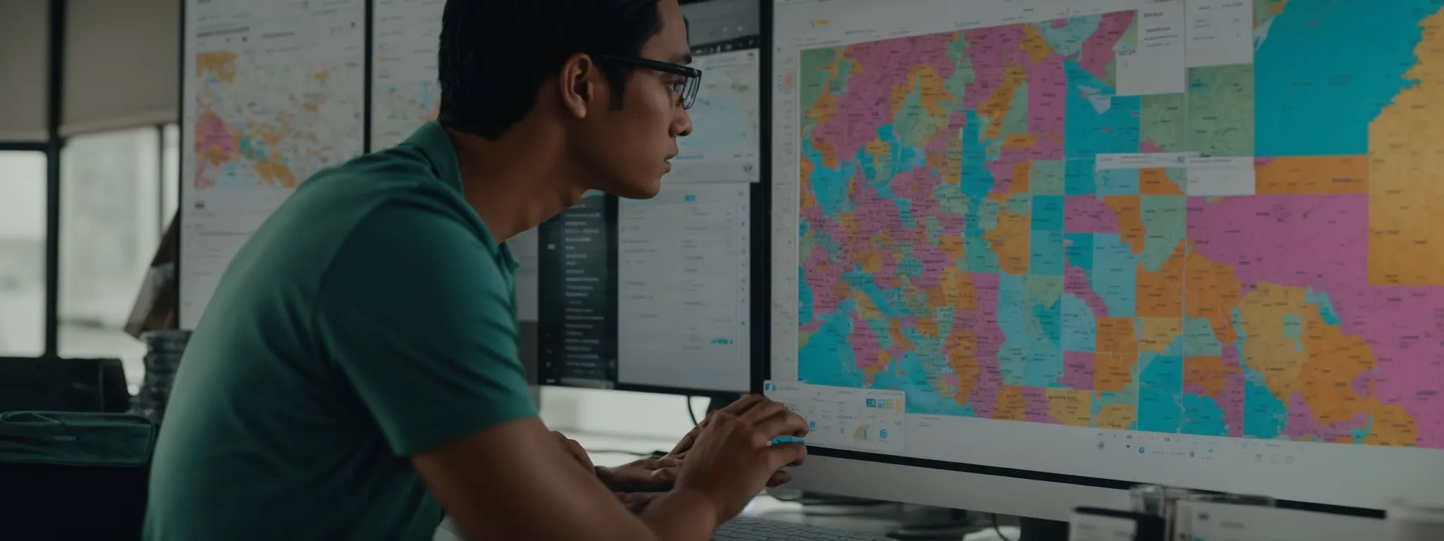 a focused entrepreneur examines a colorful map, pinpointing market territories on a computer screen displaying vibrant graphs and location markers.