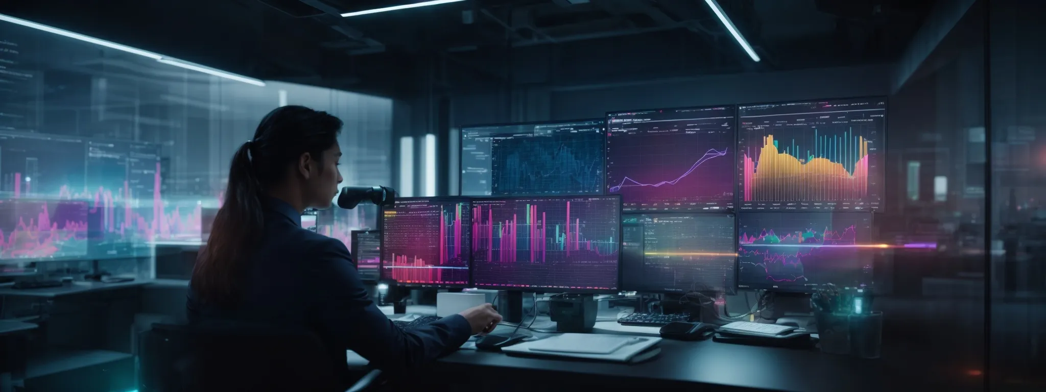 a modern office setting with a digital marketer analyzing complex seo data on a futuristic, holographic interface displaying vibrant graphs and charts.
