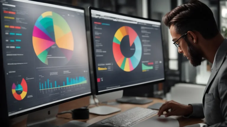 a focused entrepreneur reviews colorful pie charts and keyword analytics on a computer screen in a bright office.