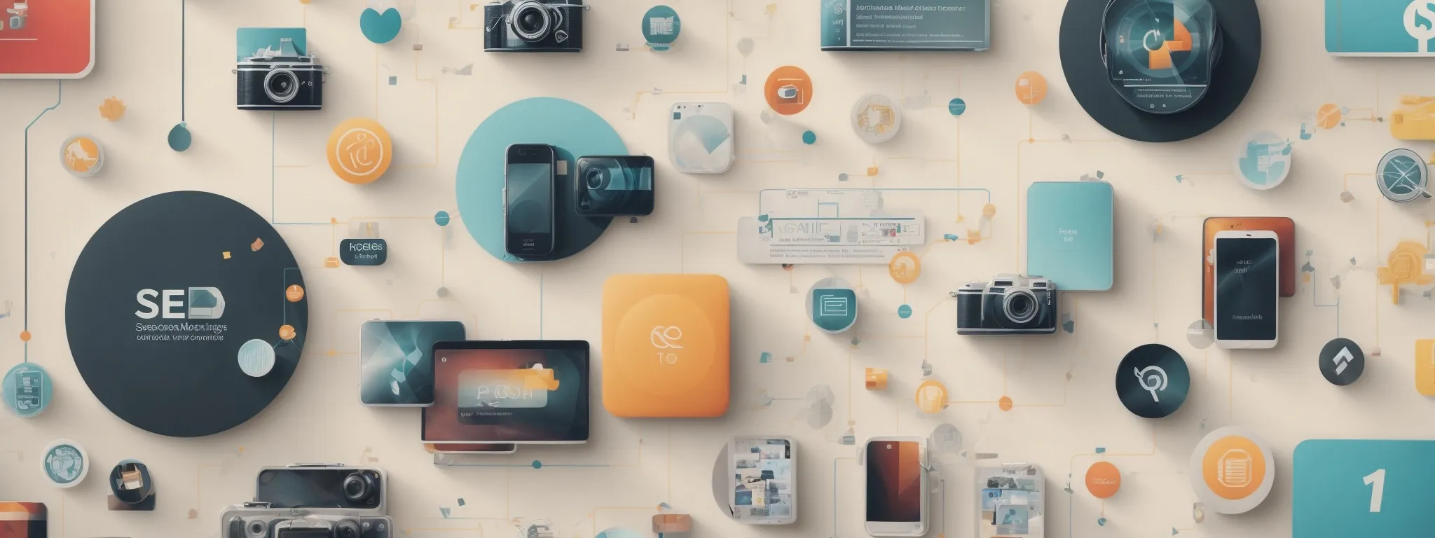 a web of interconnected icons representing various digital marketing tools surrounding a central symbol of seo.