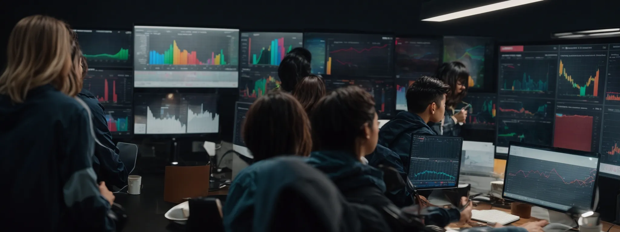 a group of marketers gathered around a computer displaying colorful graphs and data analytics on keyword trends.
