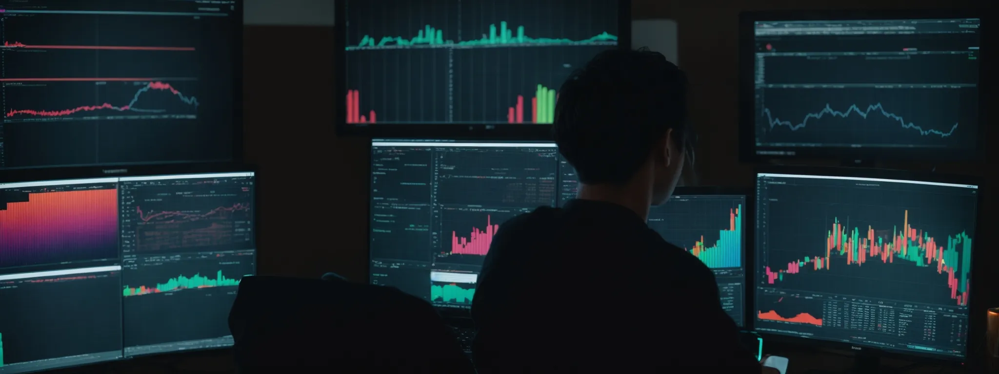 a person sitting at a computer analyzing colorful graphs and charts displayed on the screen, representing data trends and keyword research.