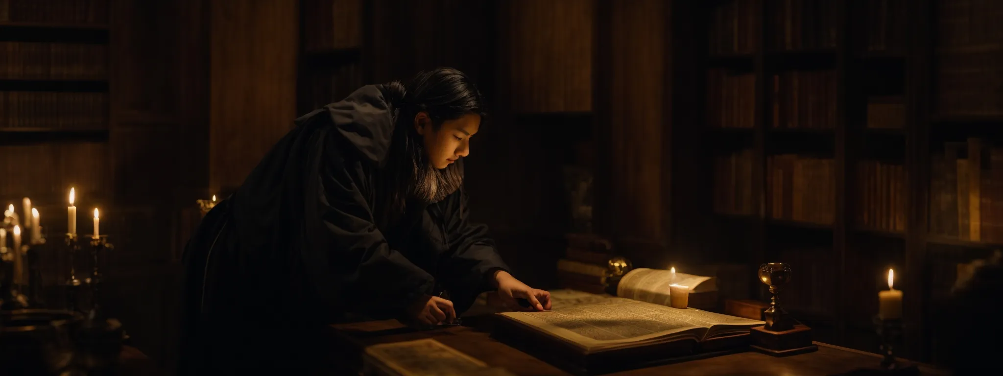 a scholar pouring over a tome of ancient maps in a candlelit library, symbolizing the meticulous exploration of keyword landscapes.