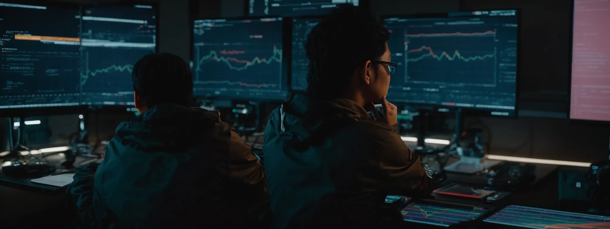 a digital marketer gazes at a large computer screen displaying colorful graphs and charts of keyword trends.