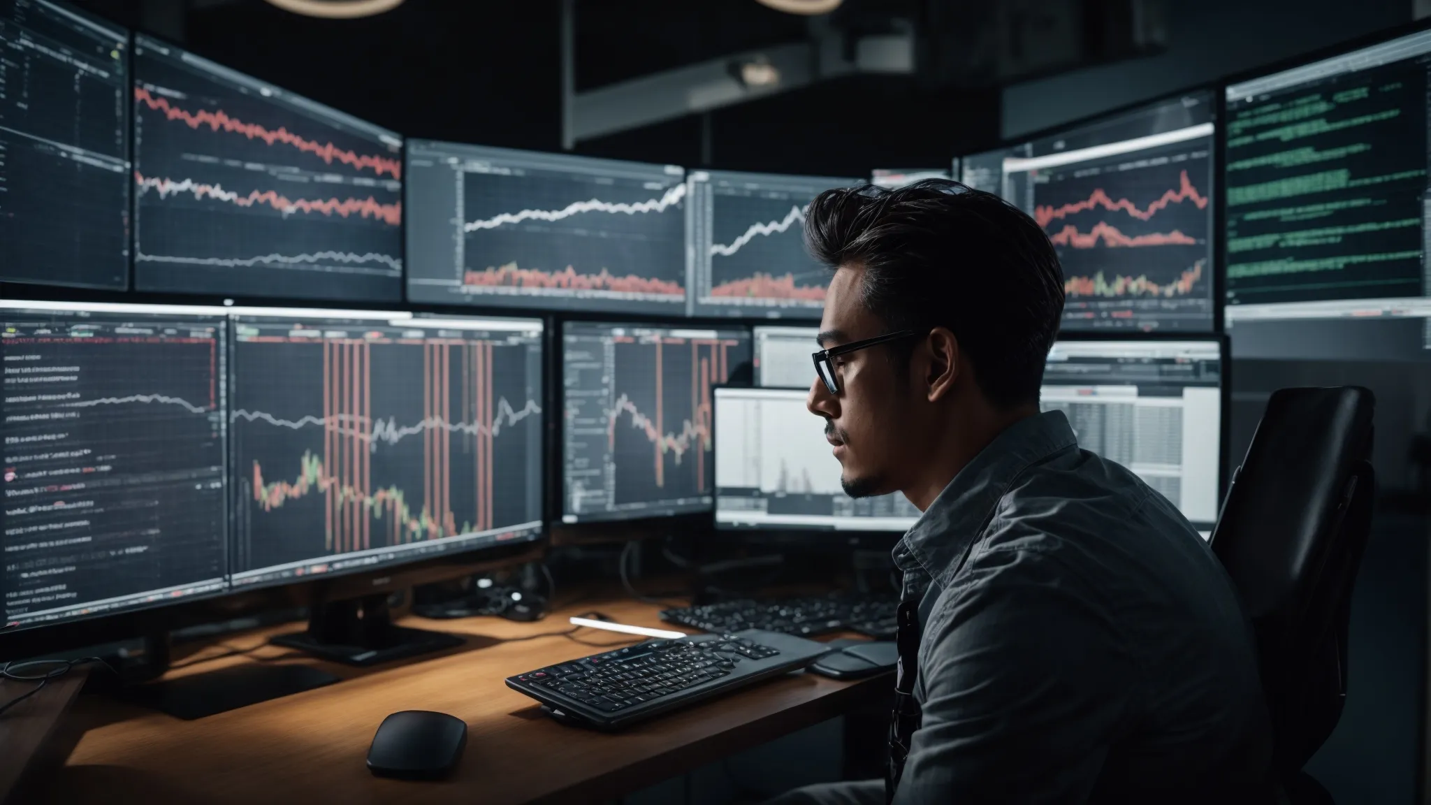 a focused individual examines data analytics on a computer screen surrounded by graphs and market research reports.