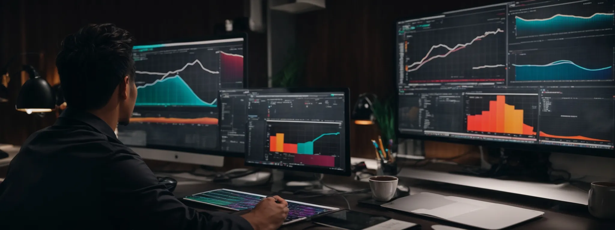 a marketer reviews colorful charts and graphs on a computer screen, analyzing seo performance.