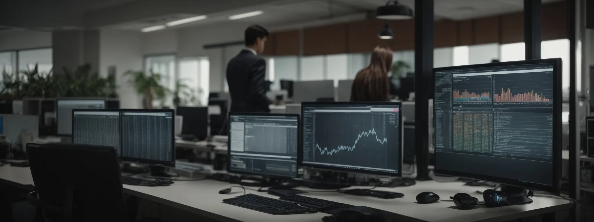 a person in a modern office analyzing complex data on a computer screen featuring a sophisticated search interface.