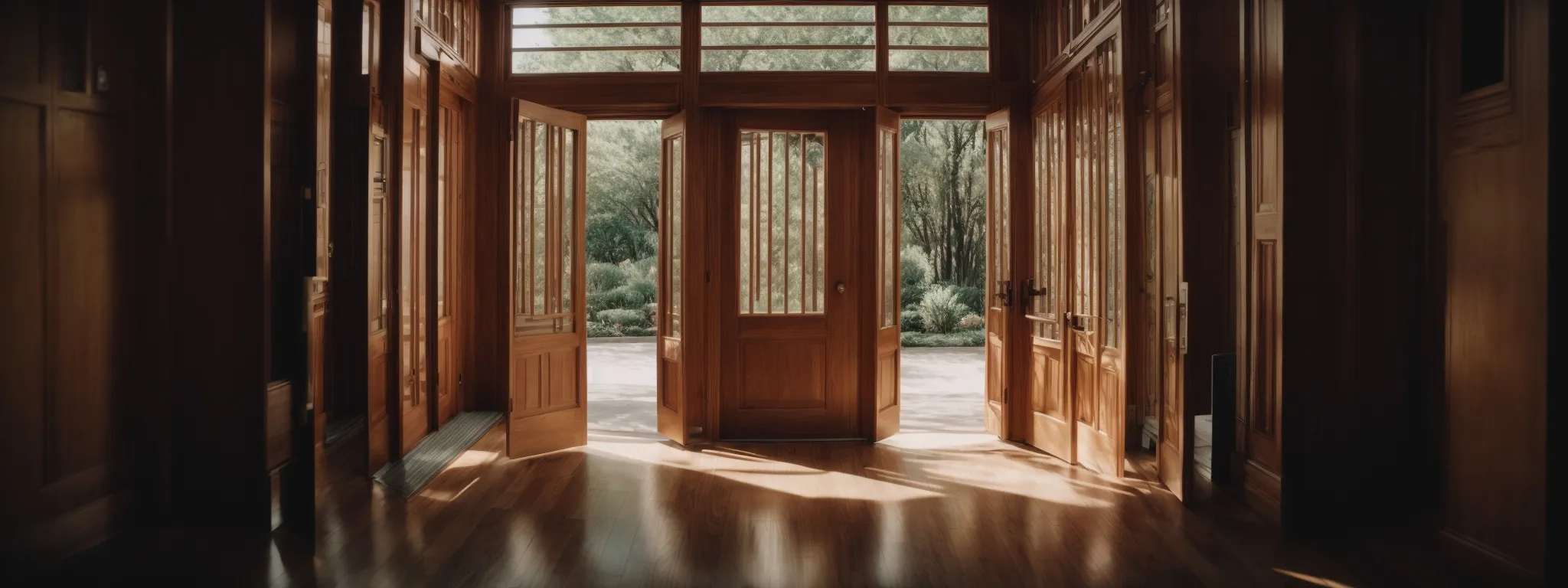 a panoramic view of numerous open doors leading to different paths radiating with light.