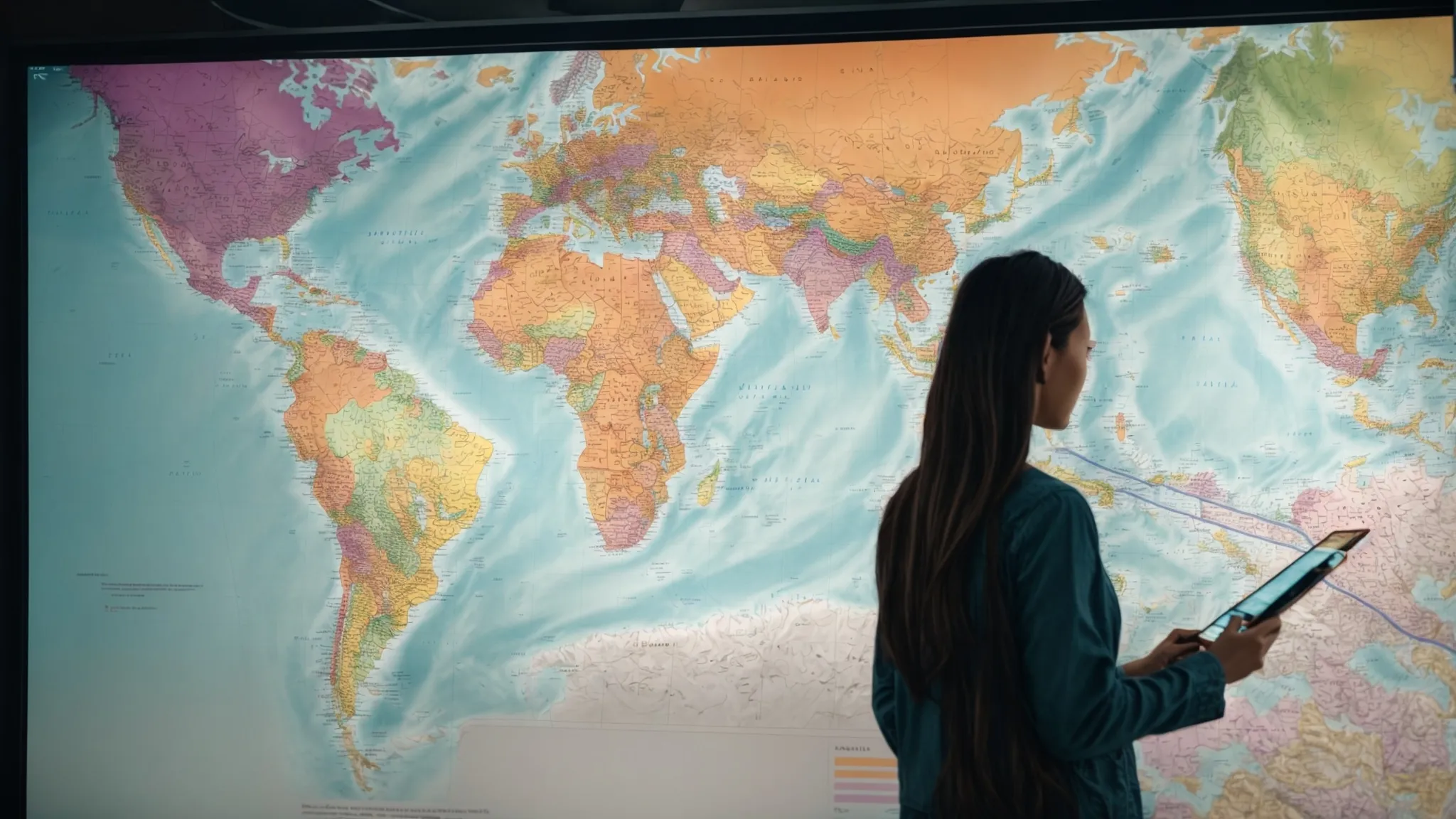 a marketing professional analyzes a colorful map on a digital screen, pinpointing various countries to strategize keyword research.