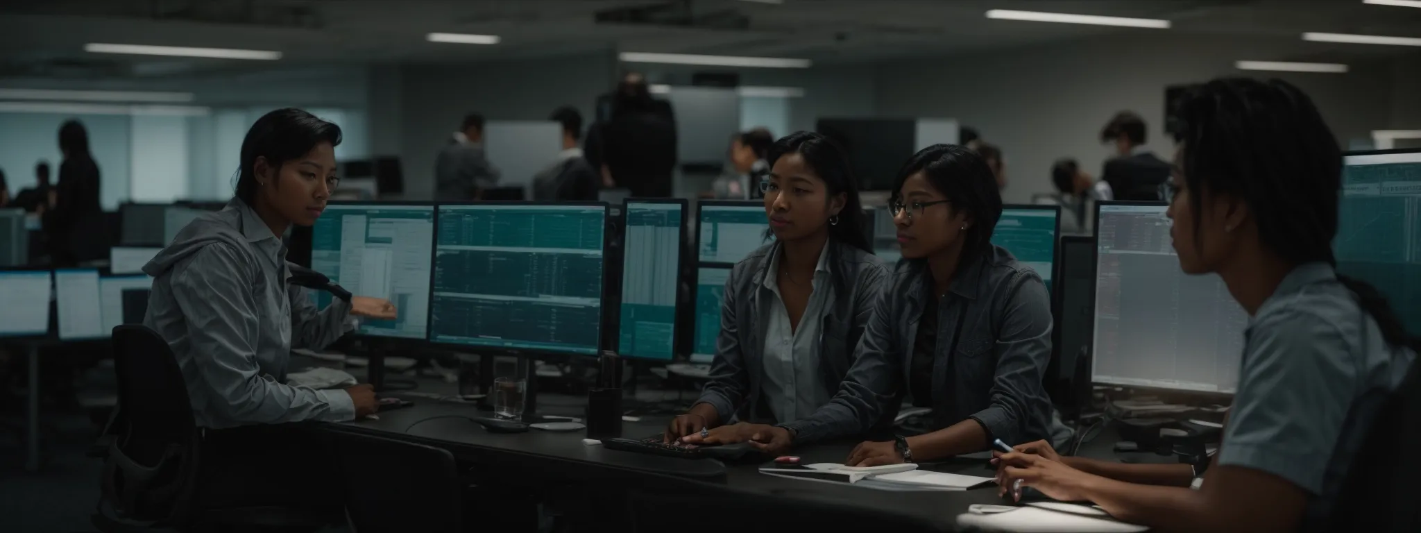 a row of diverse, concentrated professionals analyzing data on computer monitors within a modern office.
