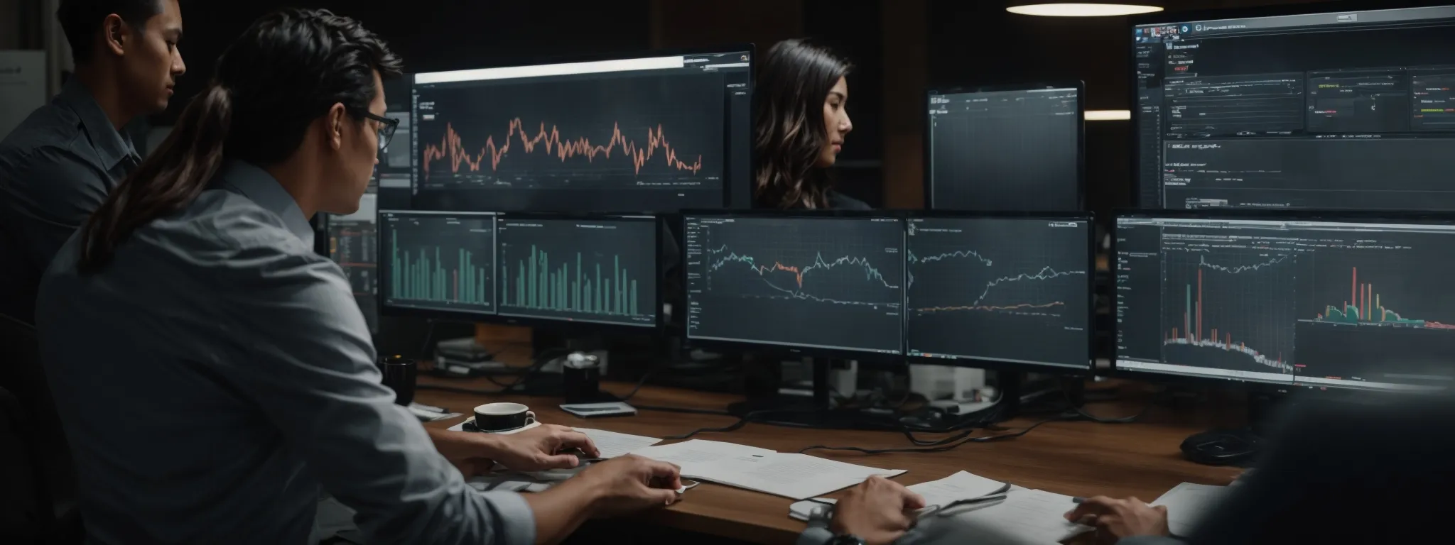 a bustling digital marketing team analyzes data and charts on a large monitor displaying a user-friendly interface of the searchatlas platform.