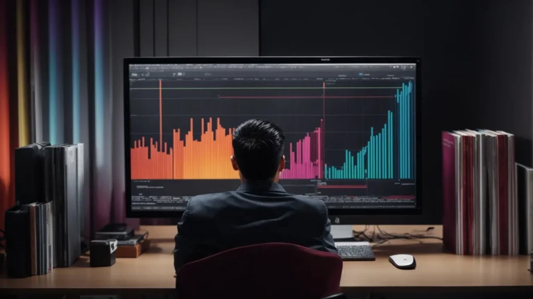 a person sits in front of a computer monitor analyzing a colorful keyword trend graph on the screen while surrounded by marketing strategy books.