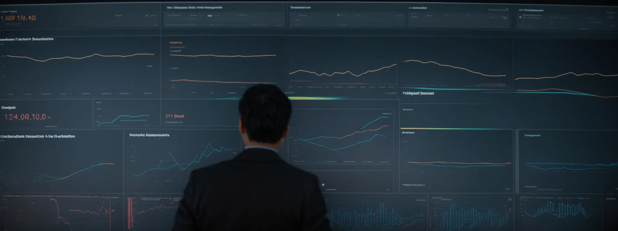 a person thoughtfully interacting with a large interactive analytics dashboard reflecting website performance and keyword trends.