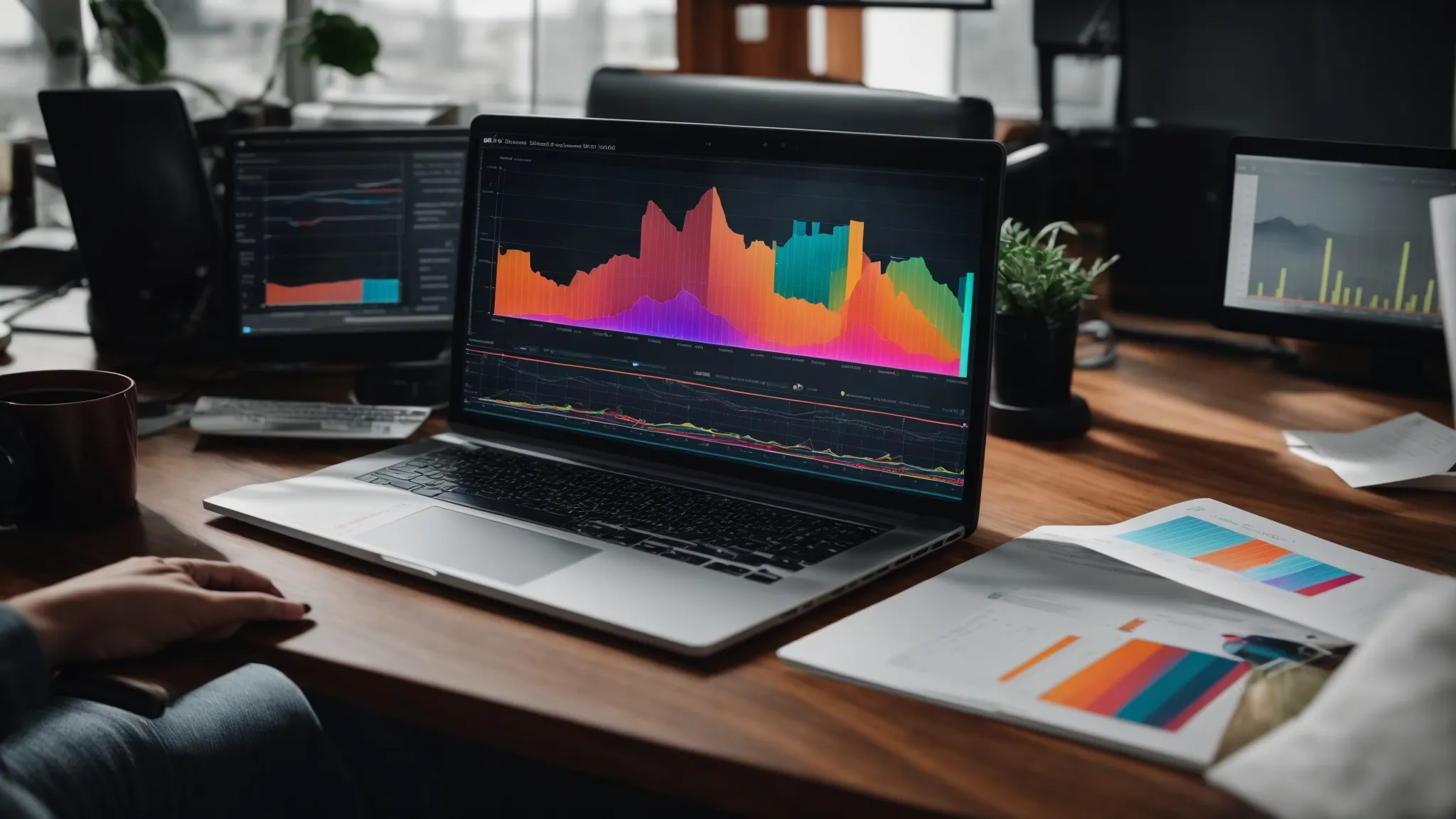 a focused individual analyzes colorful graphs and charts on a computer screen to identify optimal keywords for affiliate marketing strategies.