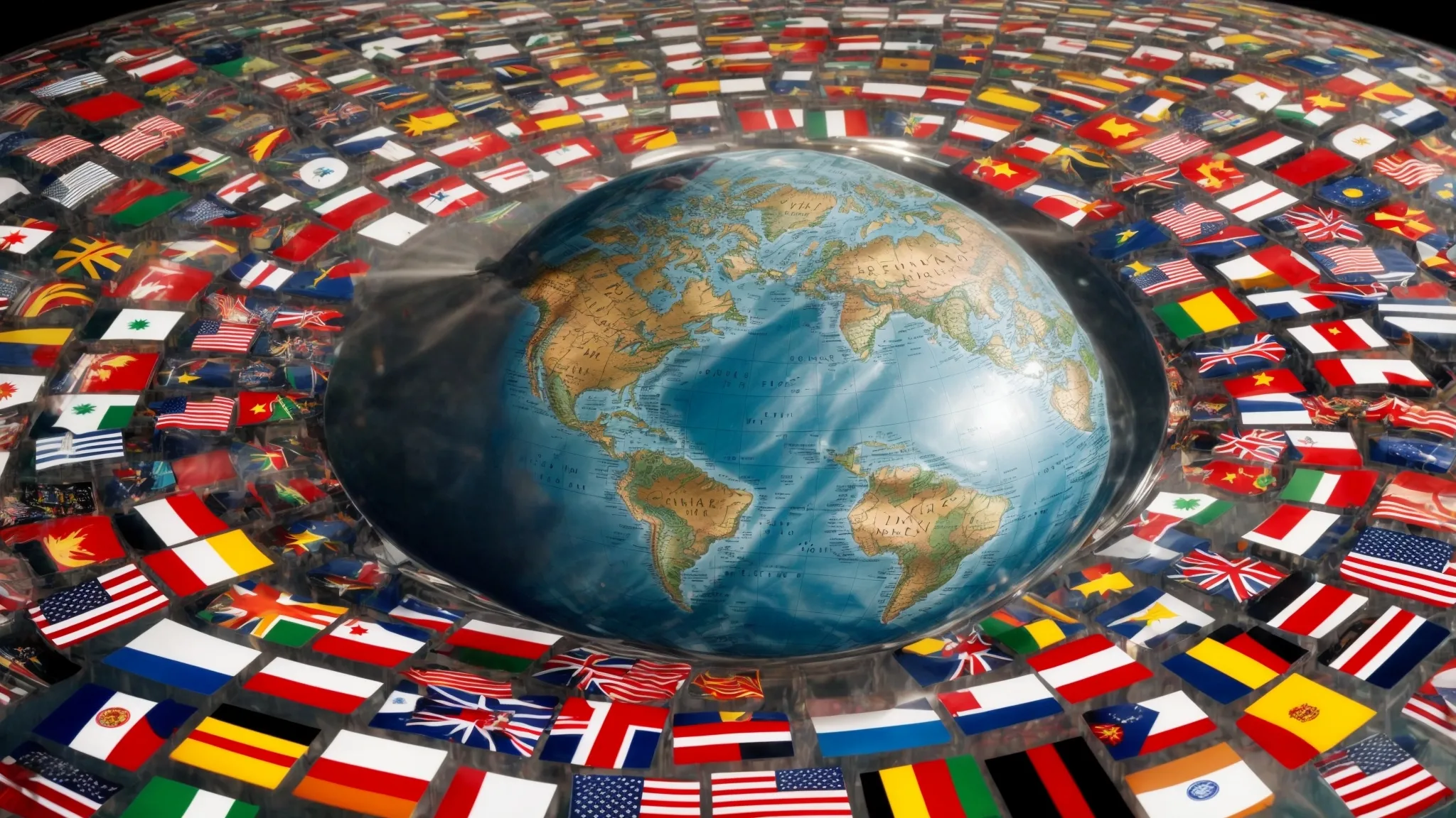 a globe surrounded by various national flags with a magnifying glass hovering over it.