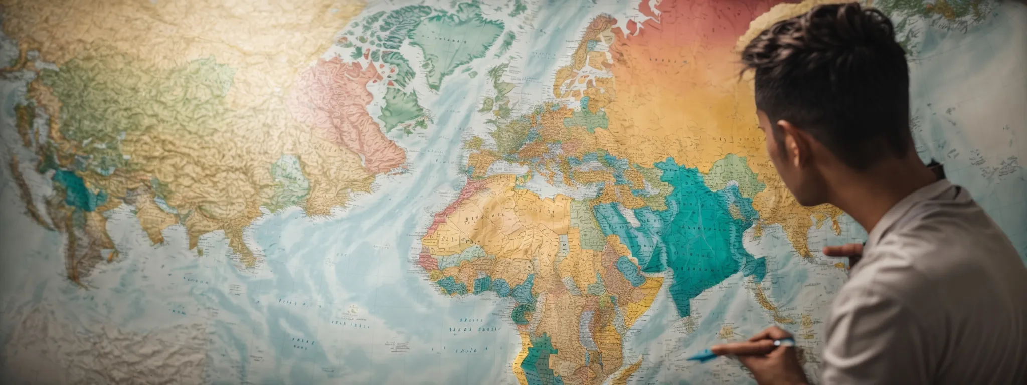 a marketer analyzes a colorful world map pinpointing various geographic locations, symbolizing a focus on localized seo strategies.