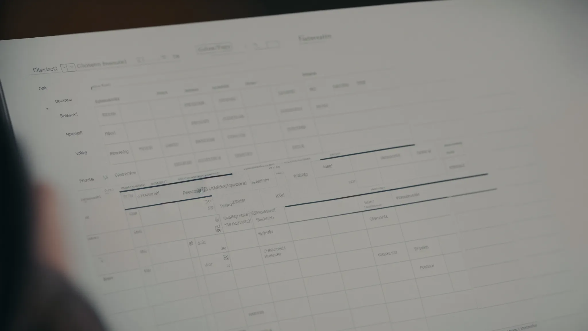 a person is examining a spreadsheet on a computer screen filled with various search terms and their analytics.