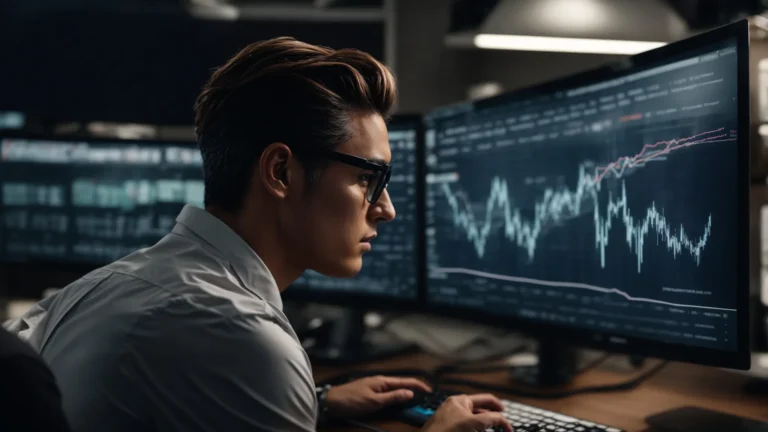 a focused marketer analyzes keyword trends on a large computer monitor in a modern office environment.