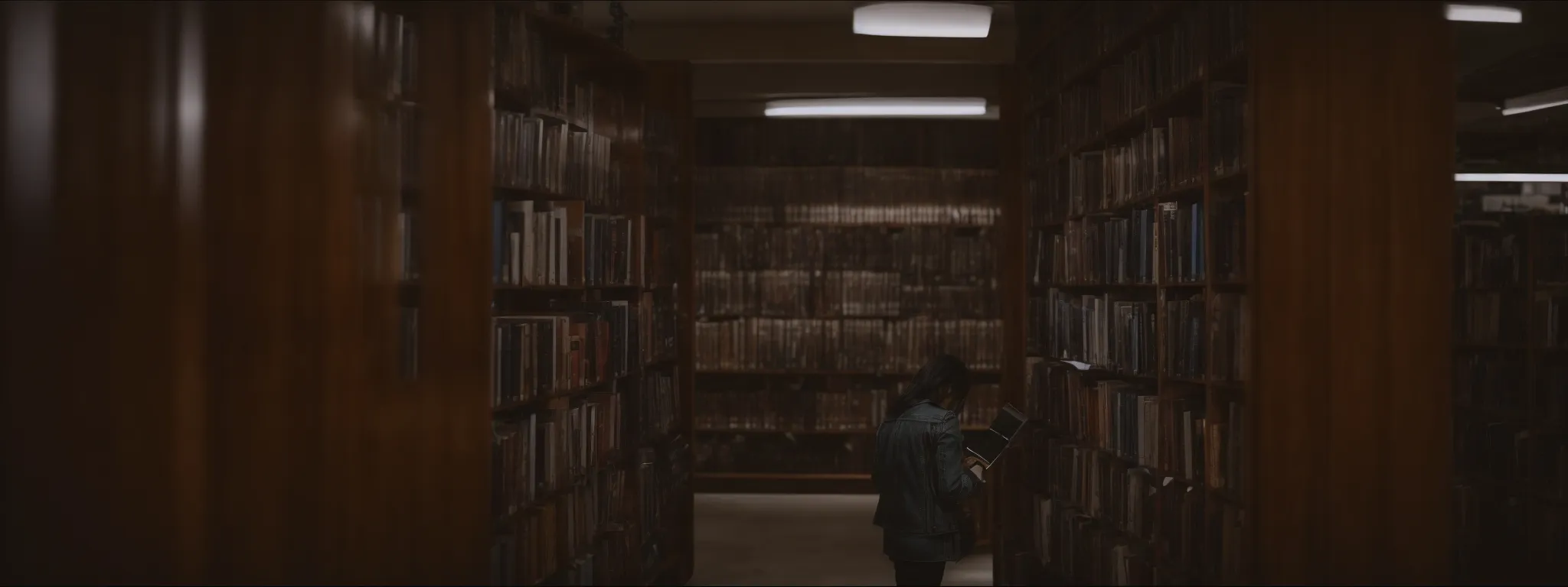 a person standing in a large library, looking through a magnifying glass at a stack of books.