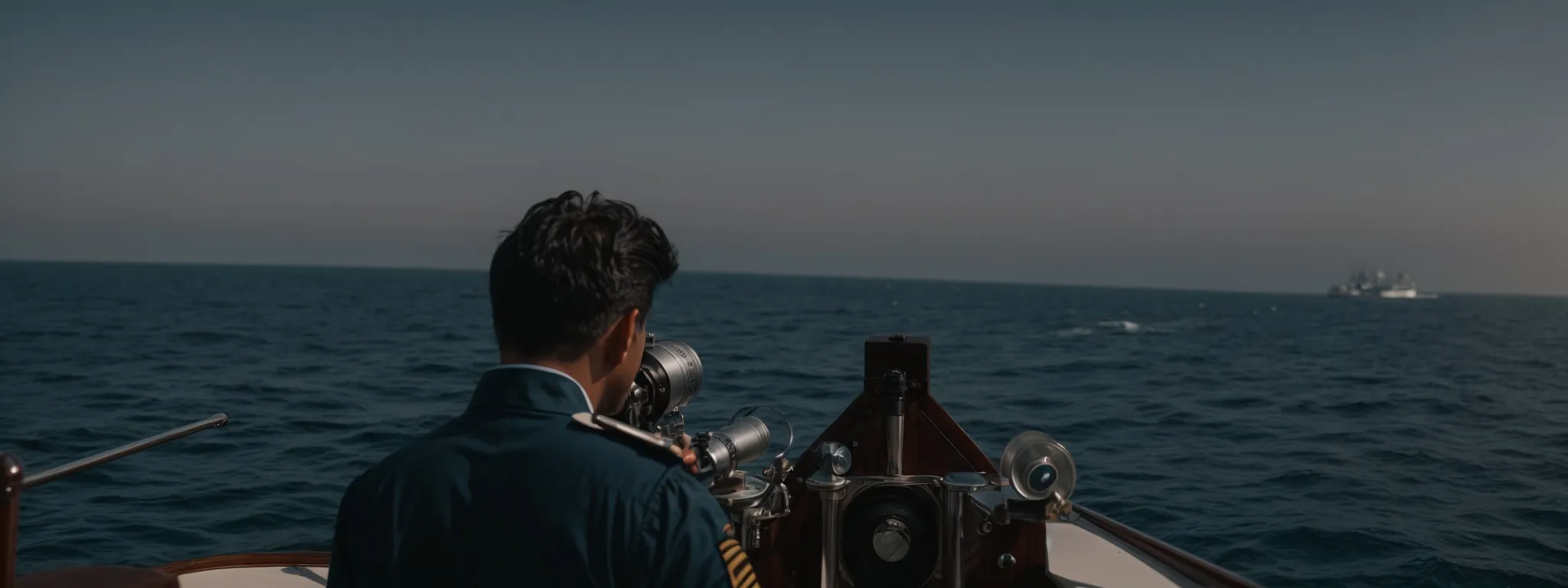 a captain at a ship's helm peers through a spyglass over vast ocean waters under a clear sky.