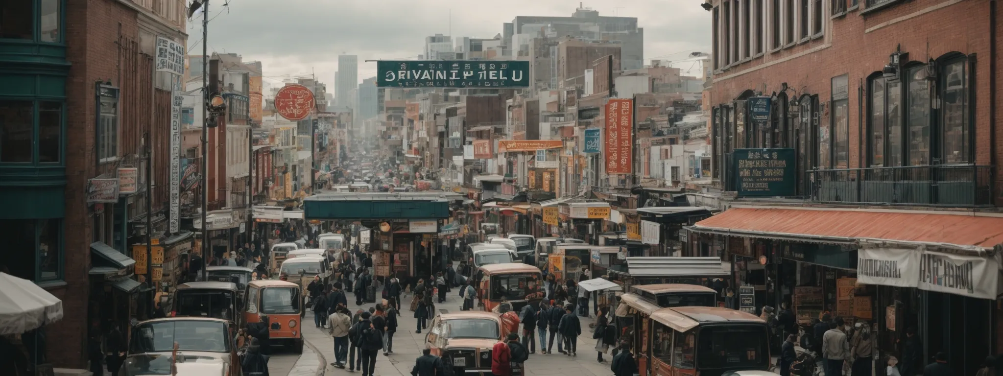 a panoramic view of a bustling city with diverse local businesses signs visible along the street.
