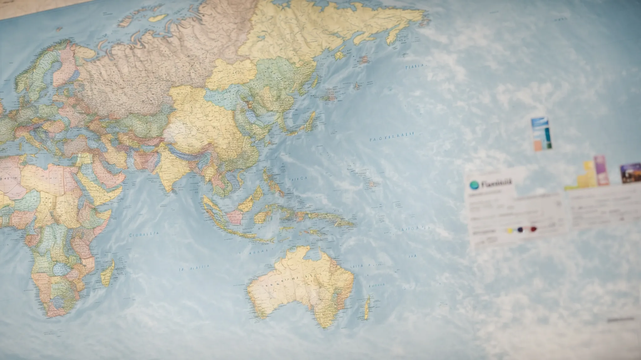 a world map on a computer screen with colorful markers targeting different countries.
